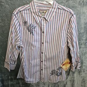 Caribean Joe tops blouse women sz Lg red white blue stipe 3/4 sleeve New cotton